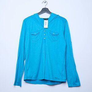 NWT Marmot Laura Hooded Henley Roll Up Sleeve Shirt L Blue Athleisure Hiking